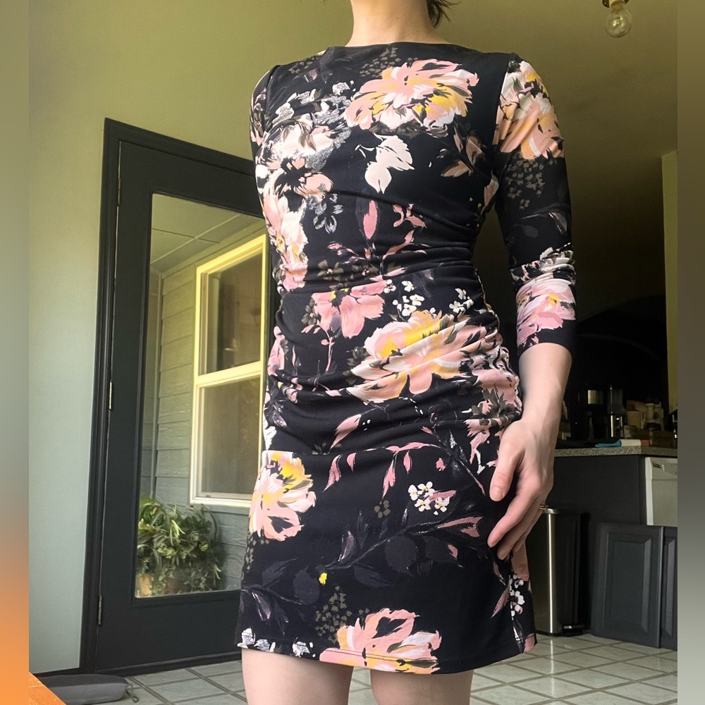 INC International Concepts Navy Floral Bodycon Dress. Long Sleeves and Boatneck